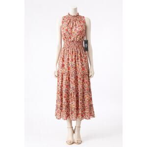 MSK Floral Midi Dress XL Peach Multi Sleeveless Smocked Waist Tiered Lined NWT